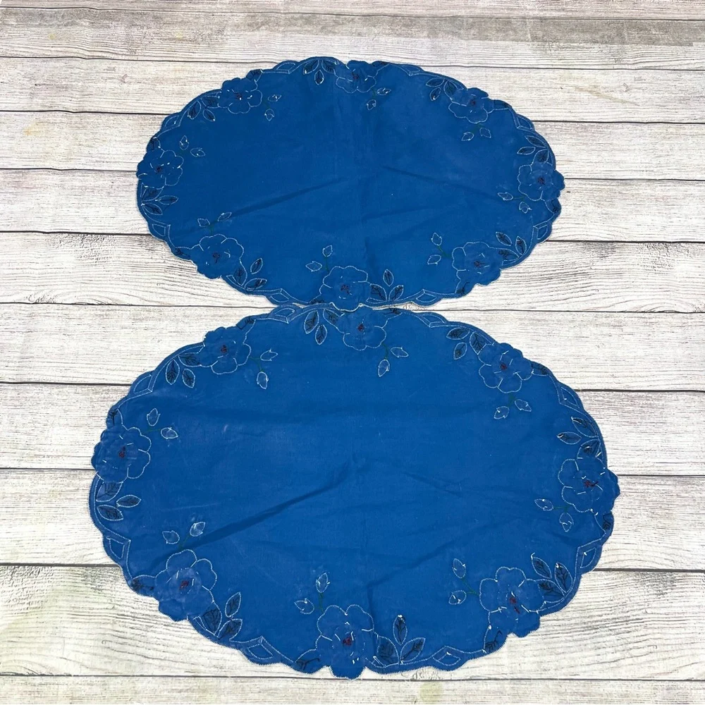 Vintage Placemats Green Blue Red Embroidered Linen Fabric Floral Lot of 6 Boho